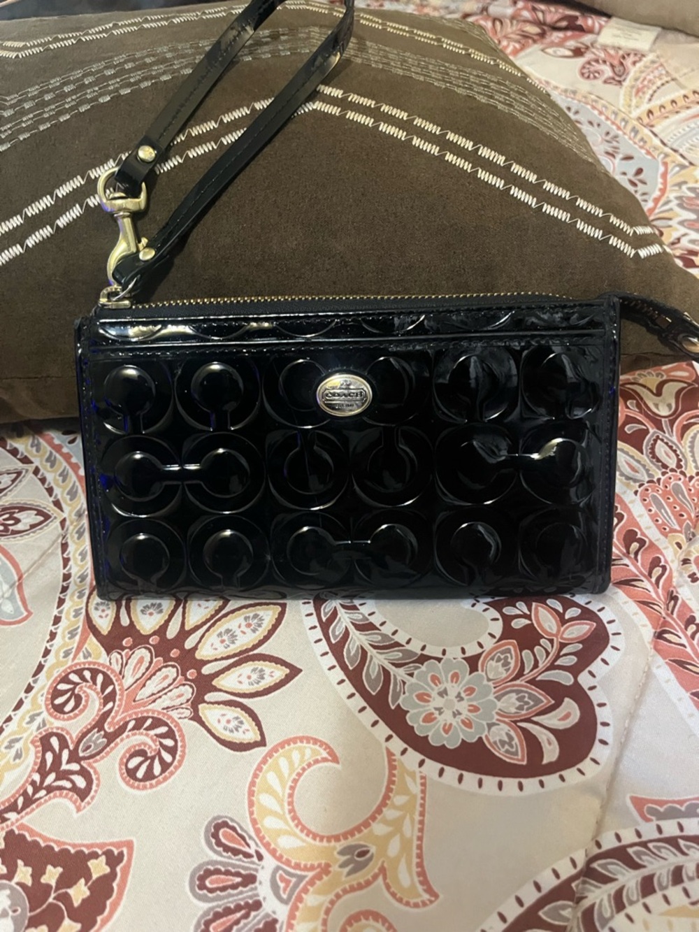Coach Black Patent Wristlet Clutch with Signature Circle Pattern